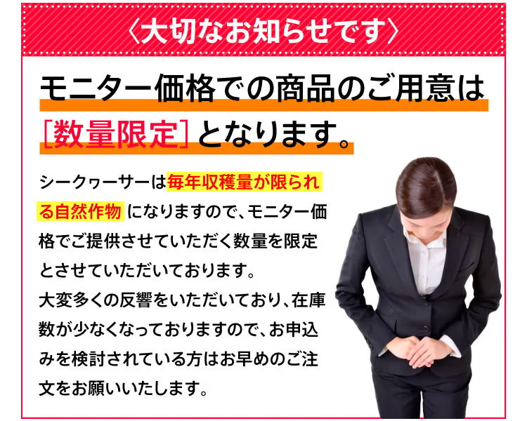 モニター価格での商品のご用意は「数量限定」となります。